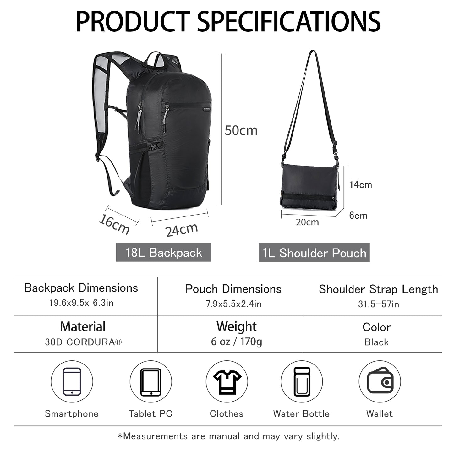 Bee Nesting 18L Packable Backpack 2-in-1 Foldable Crossbody Bag Ultralight Waterproof Cordura & YKK Zippers for Hiking
